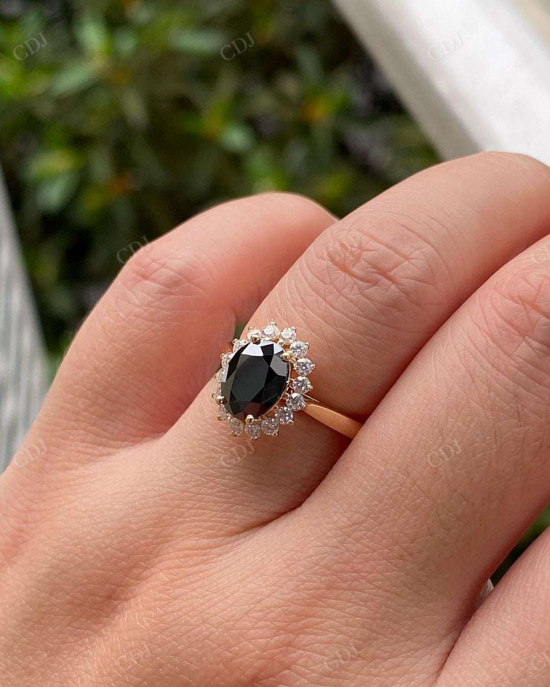 Oval Cut Black Onyx Halo Moissanite Ring