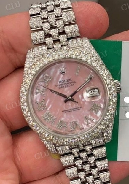 Pink Dial Rolex Stainless Steel Diamond Moissanite Watch customdiamjewel