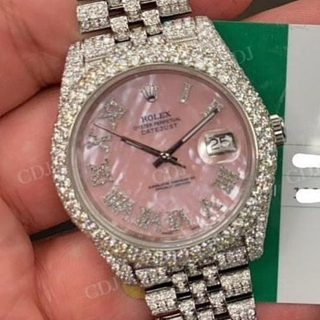 Pink Dial Rolex Stainless Steel Diamond Moissanite Watch customdiamjewel