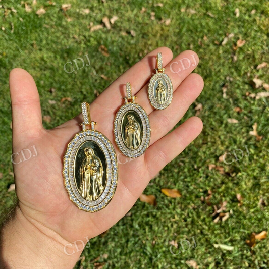 Baguette & Round Diamond 10K Gold Virgin Mary Pendant  customdiamjewel   