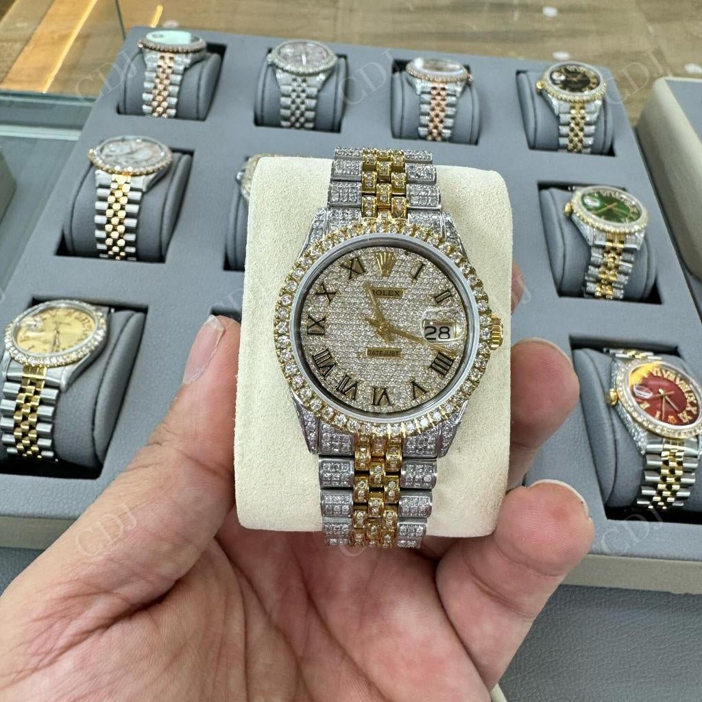 Yellow and White 2 Tone Moissanite Rolex Roman Number Dial Watch hip hop jewelry CustomDiamJewel