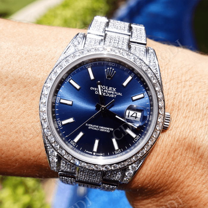 Rolex Oyster Custom Moissanite Blue Face Watch customdiamjewel