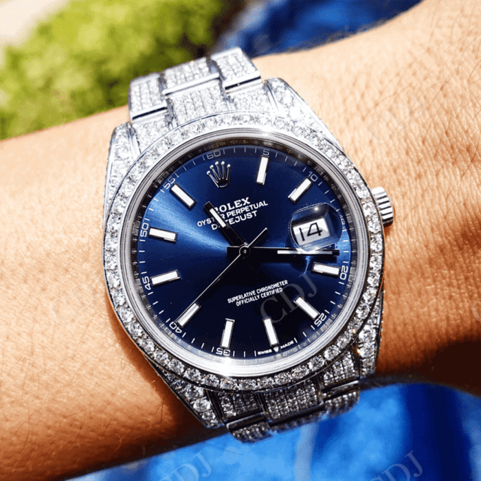 Rolex Oyster Custom Moissanite Blue Face Watch customdiamjewel