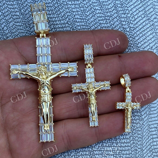 Baguette Diamond 14K Gold Cross W. Jesus Pendant  customdiamjewel   