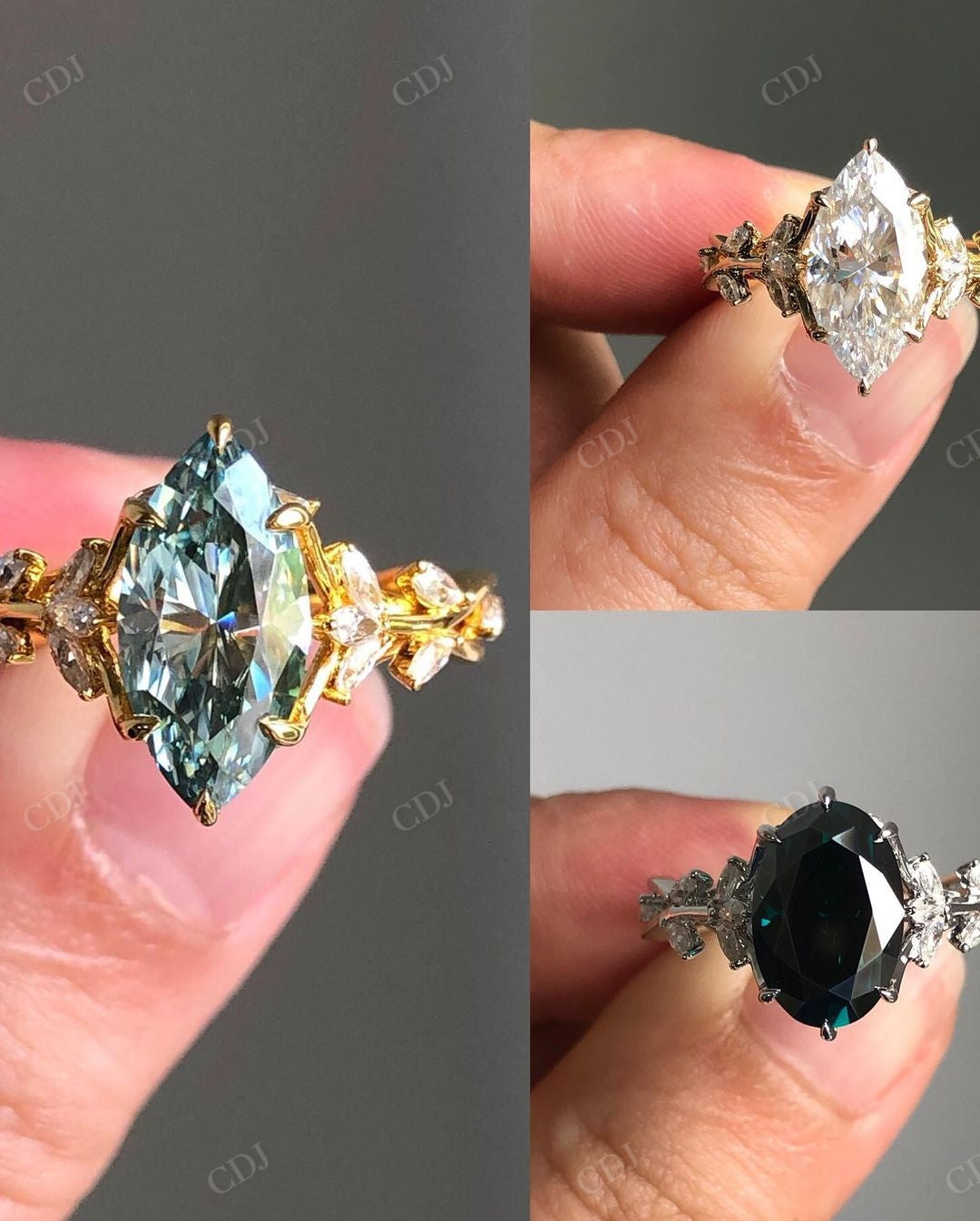 Marquise Cut Blue Moissanite Floral Diamond Ring