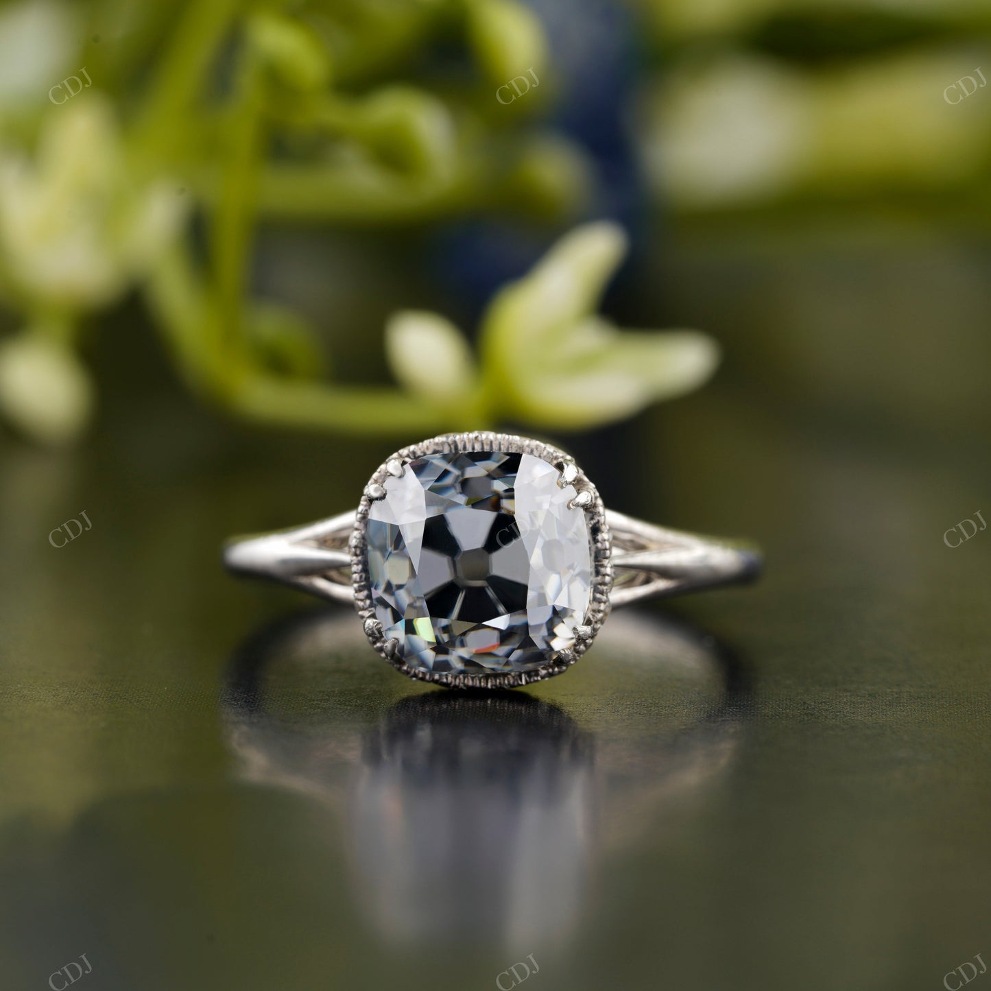 Cushion Moissanite Diamond Milgrain Halo Ring