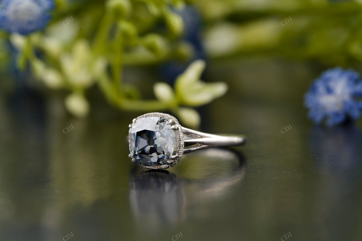 Cushion Moissanite Diamond Milgrain Halo Ring