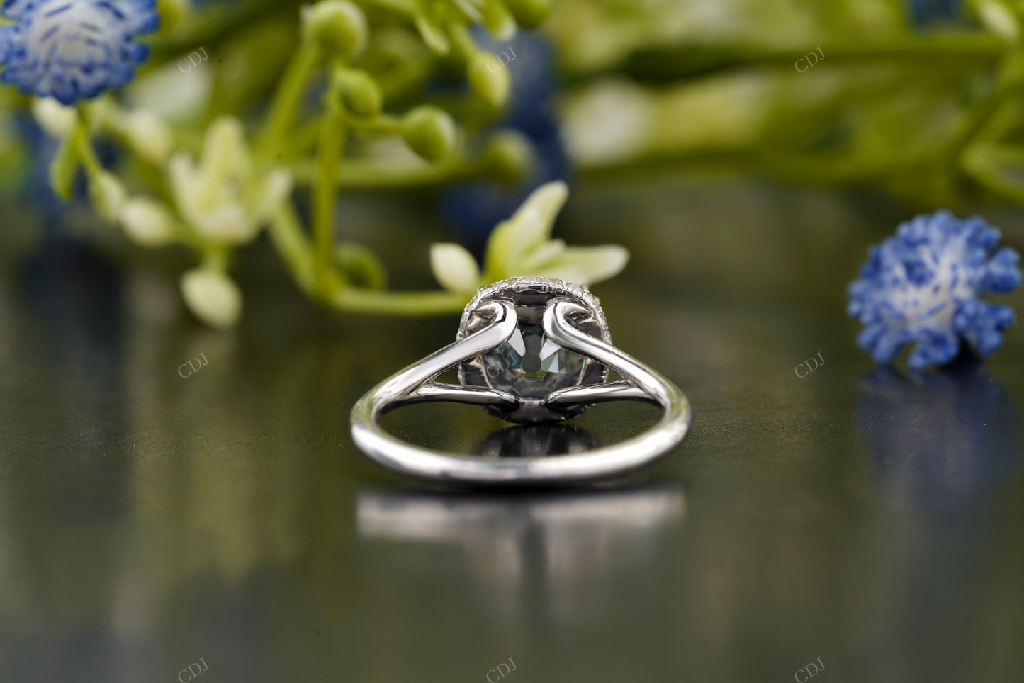 Cushion Moissanite Diamond Milgrain Halo Ring