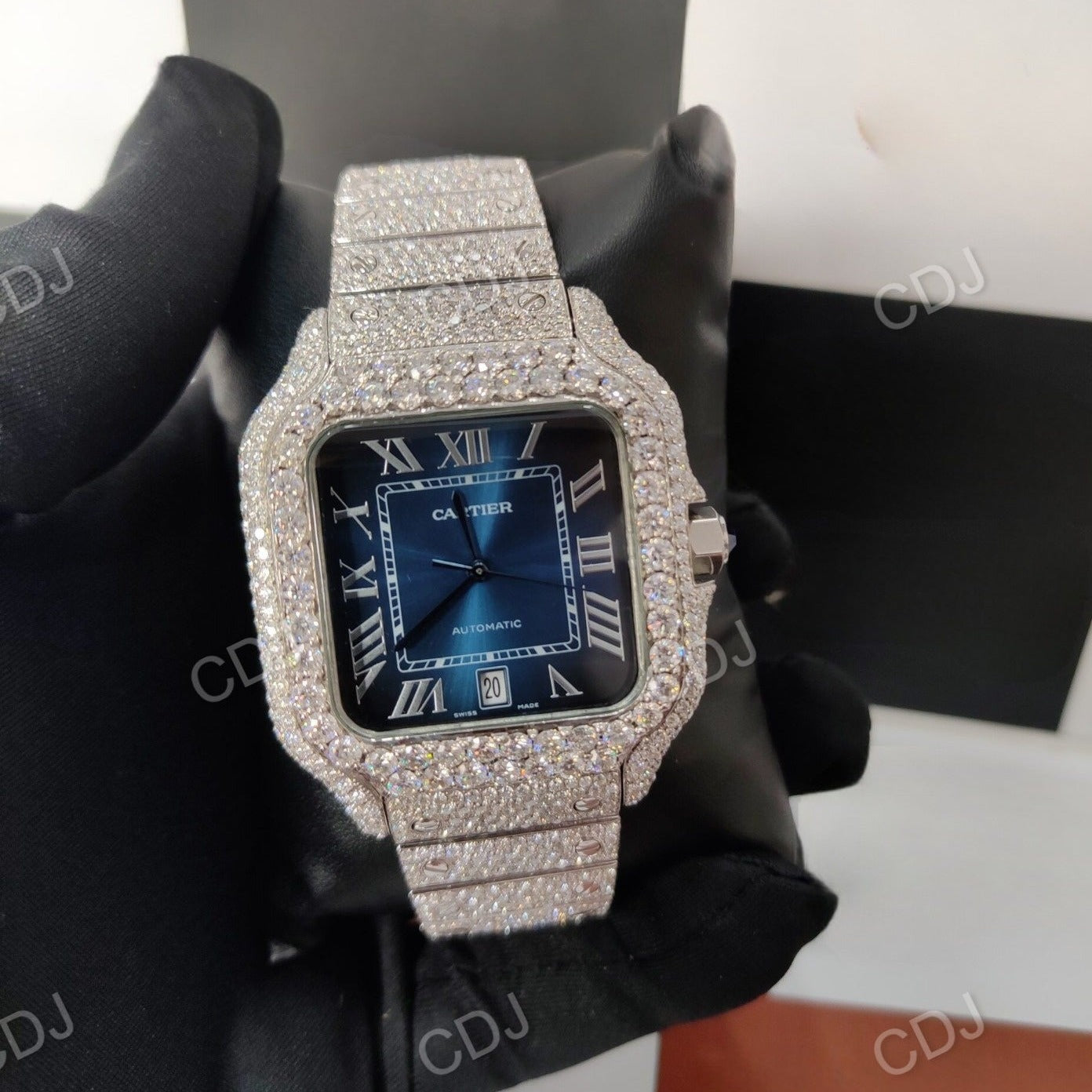 Blue Dial Full White Cartier Santos Buss Down Watch customdiamjewel