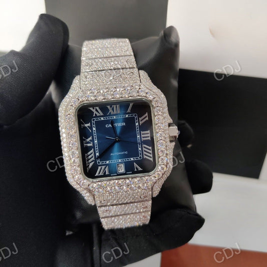 Blue Dial Full White Cartier Santos Buss Down Watch customdiamjewel