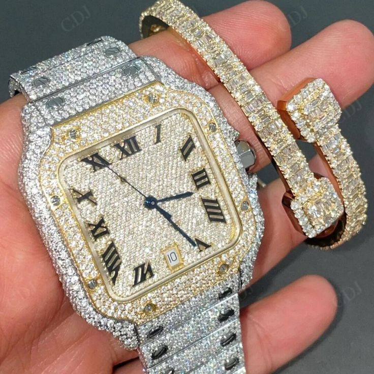 Lab Diamond Yellow White Roman Dial Cartier Santos Watch For Men customdiamjewel
