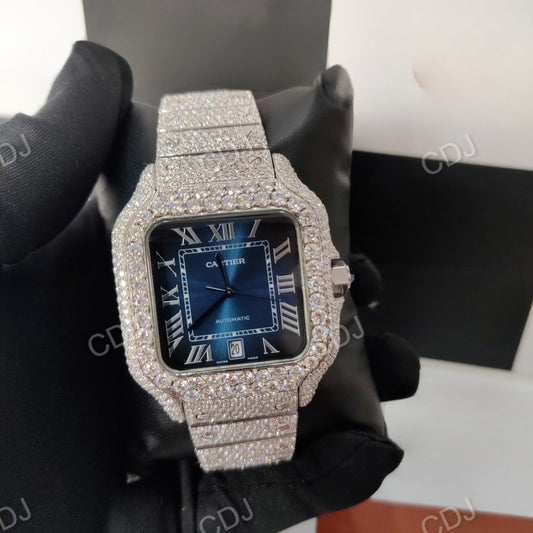 Full White Cartier Santos Blue Dial Watch customdiamjewel