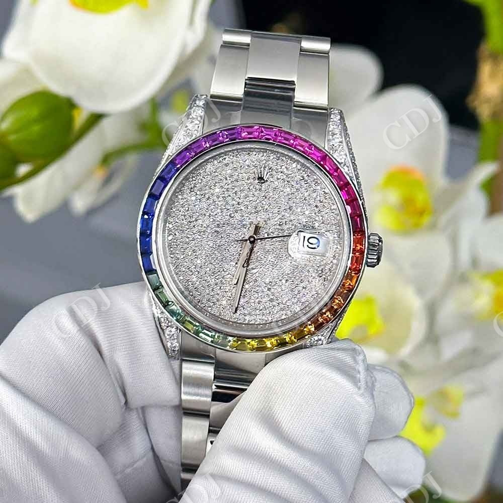 Rainbow Bezel Rolex Iced Out Moissanite Watch customdiamjewel
