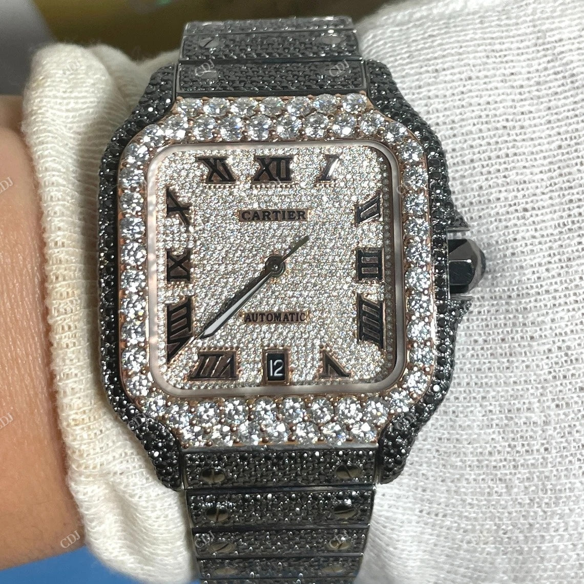 Cartier Santos Black & White Moissanite Diamond Watch customdiamjewel