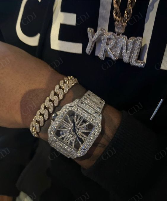 Lab Diamond Yellow White Roman Dial Cartier Santos Watch For Men customdiamjewel