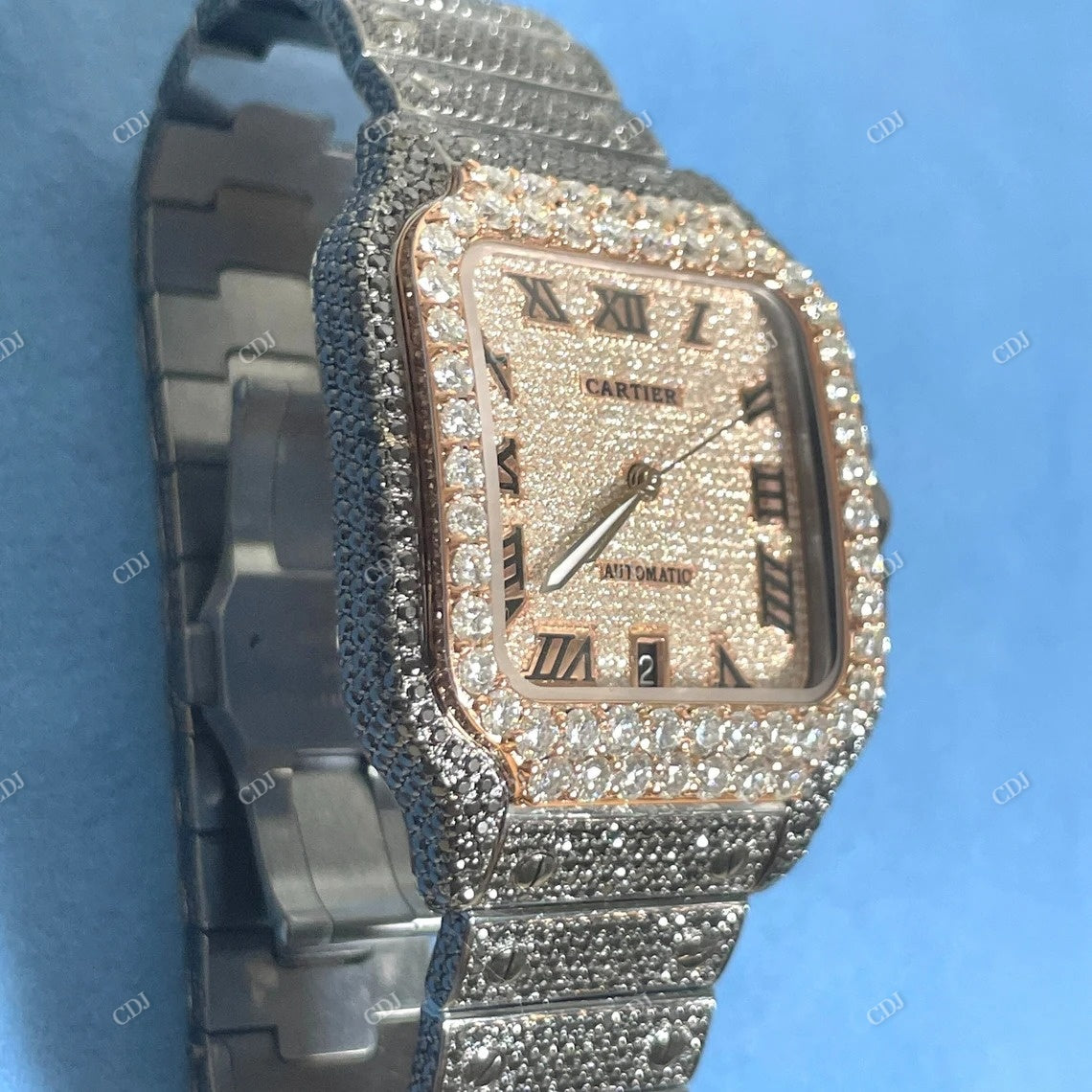 Cartier Santos Black & White Moissanite Diamond Watch customdiamjewel