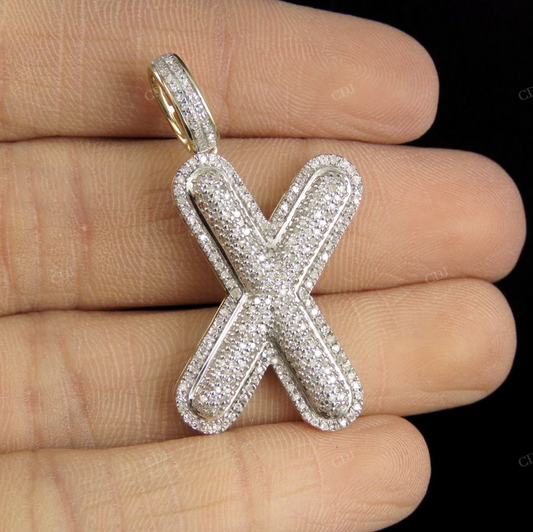 1.4" 0.90 CTW 14K Gold Natural Diamond Initial X Letter Pendant CustomDiamJewel