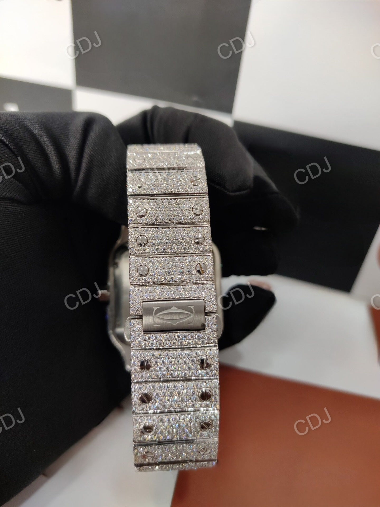 Blue Dial Full White Cartier Santos Buss Down Watch customdiamjewel
