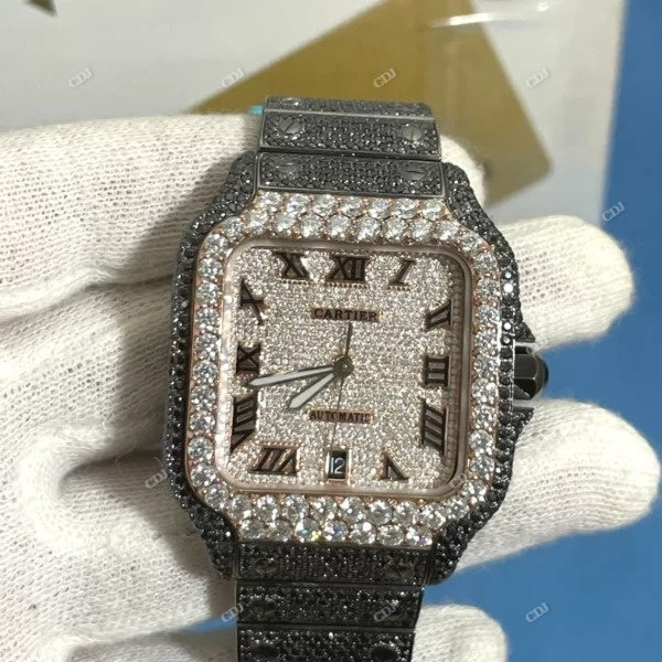 Cartier Santos Black & White Moissanite Diamond Watch customdiamjewel