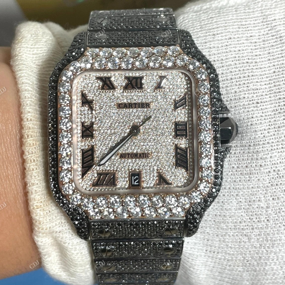 Cartier Santos Black & White Moissanite Diamond Watch customdiamjewel