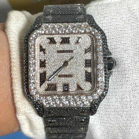 Cartier Santos Black & White Moissanite Diamond Watch customdiamjewel