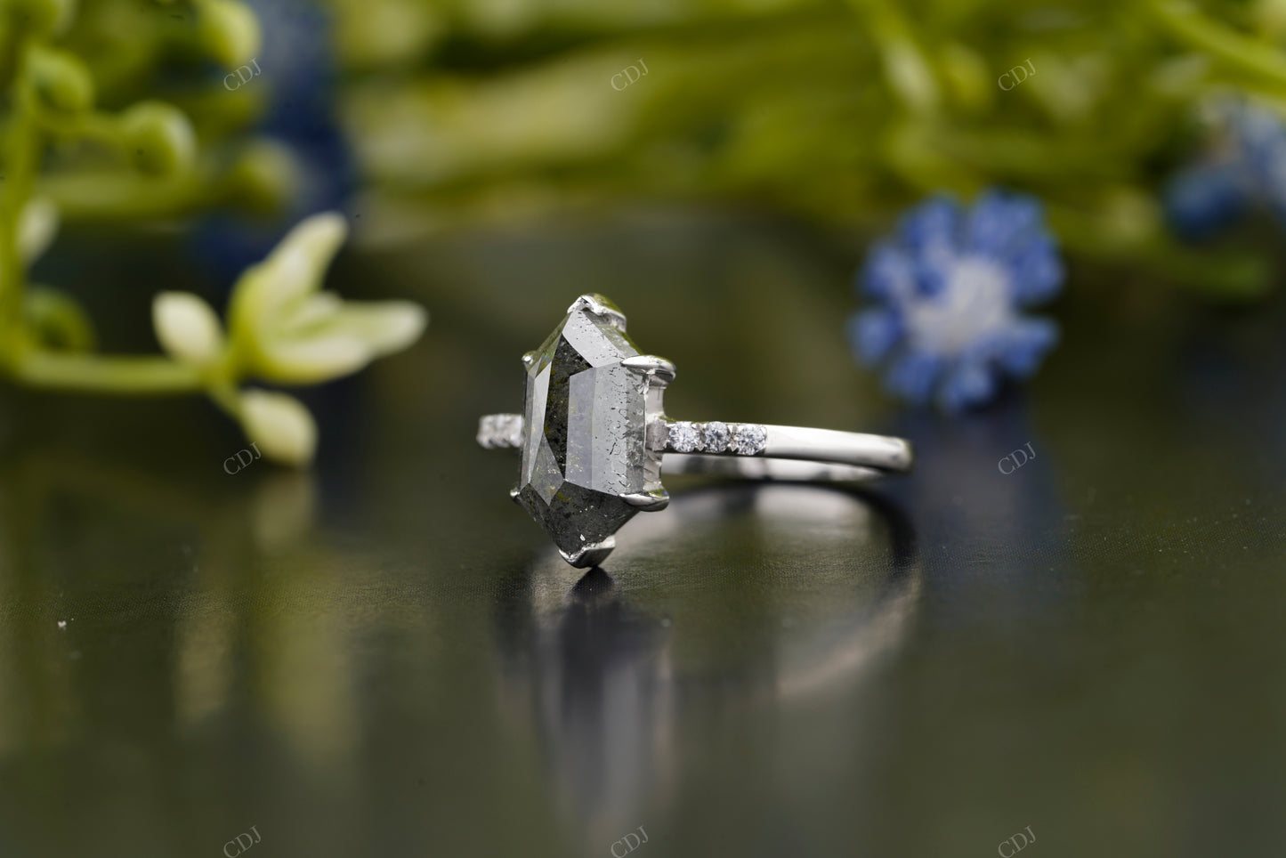 Salt and Pepper Hexagon Diamond Ring