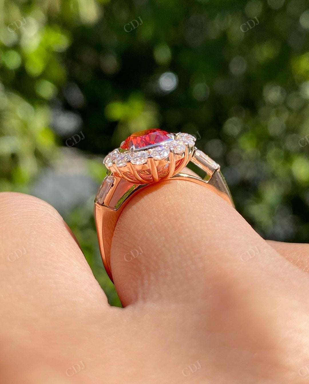 Oval Cut Ruby Halo Moissanite Wedding Ring