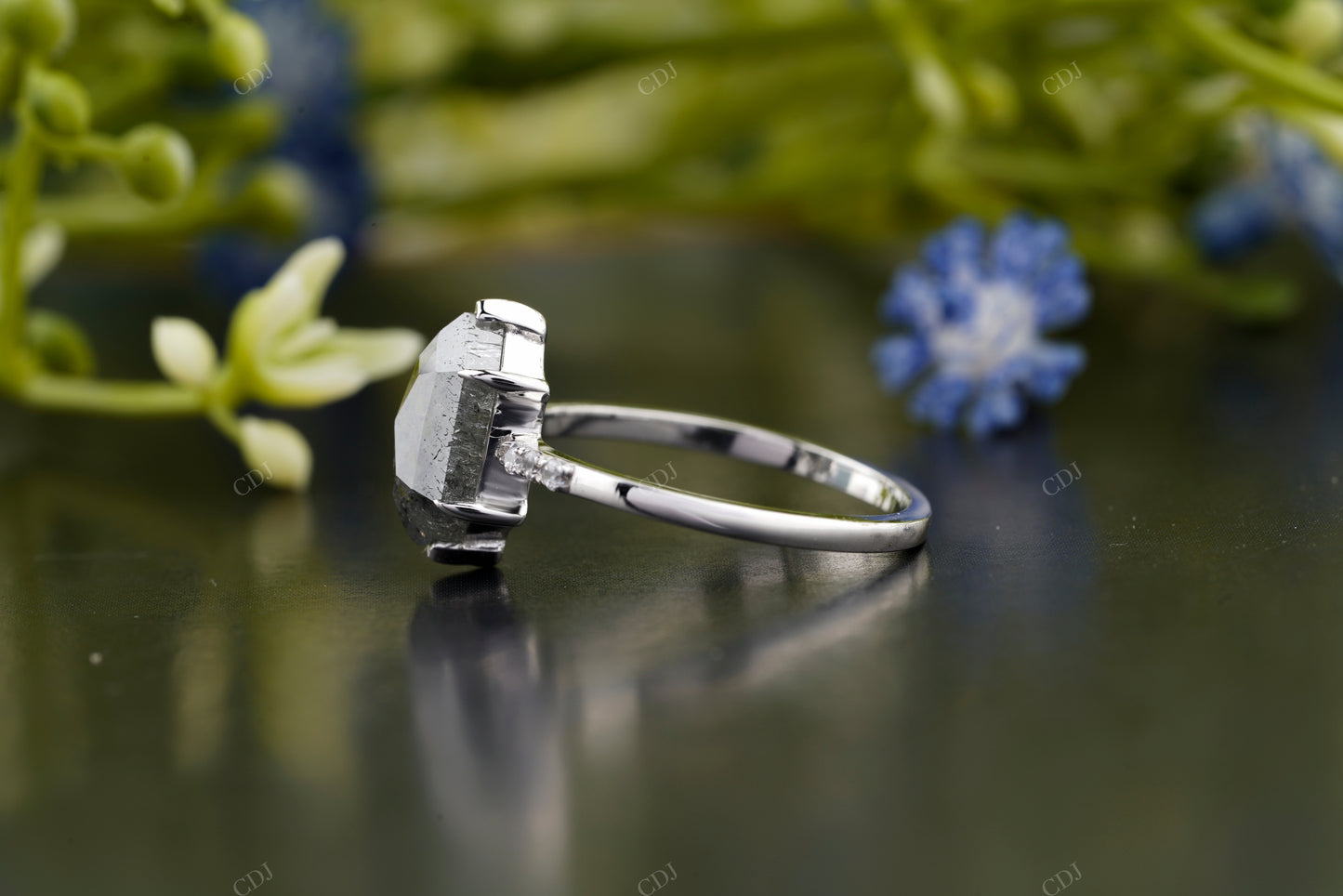 Salt and Pepper Hexagon Diamond Ring