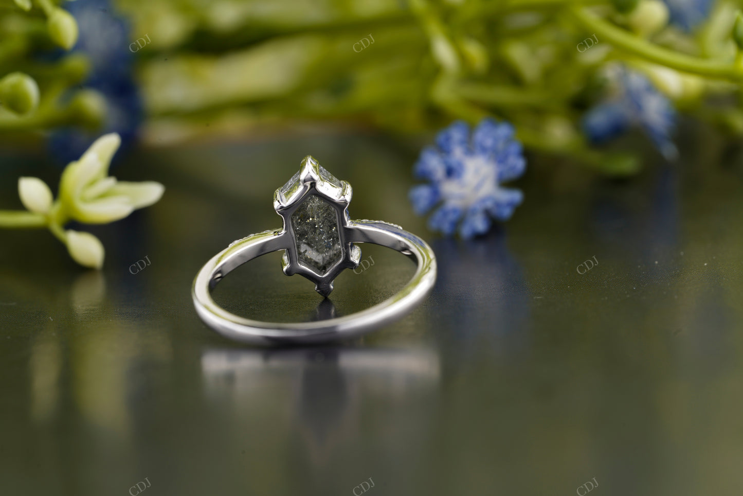 Salt and Pepper Hexagon Diamond Ring