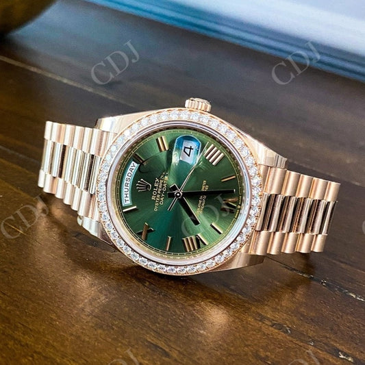 Diamond On Bezel Rolex Green Dial Day Date Watch customdiamjewel