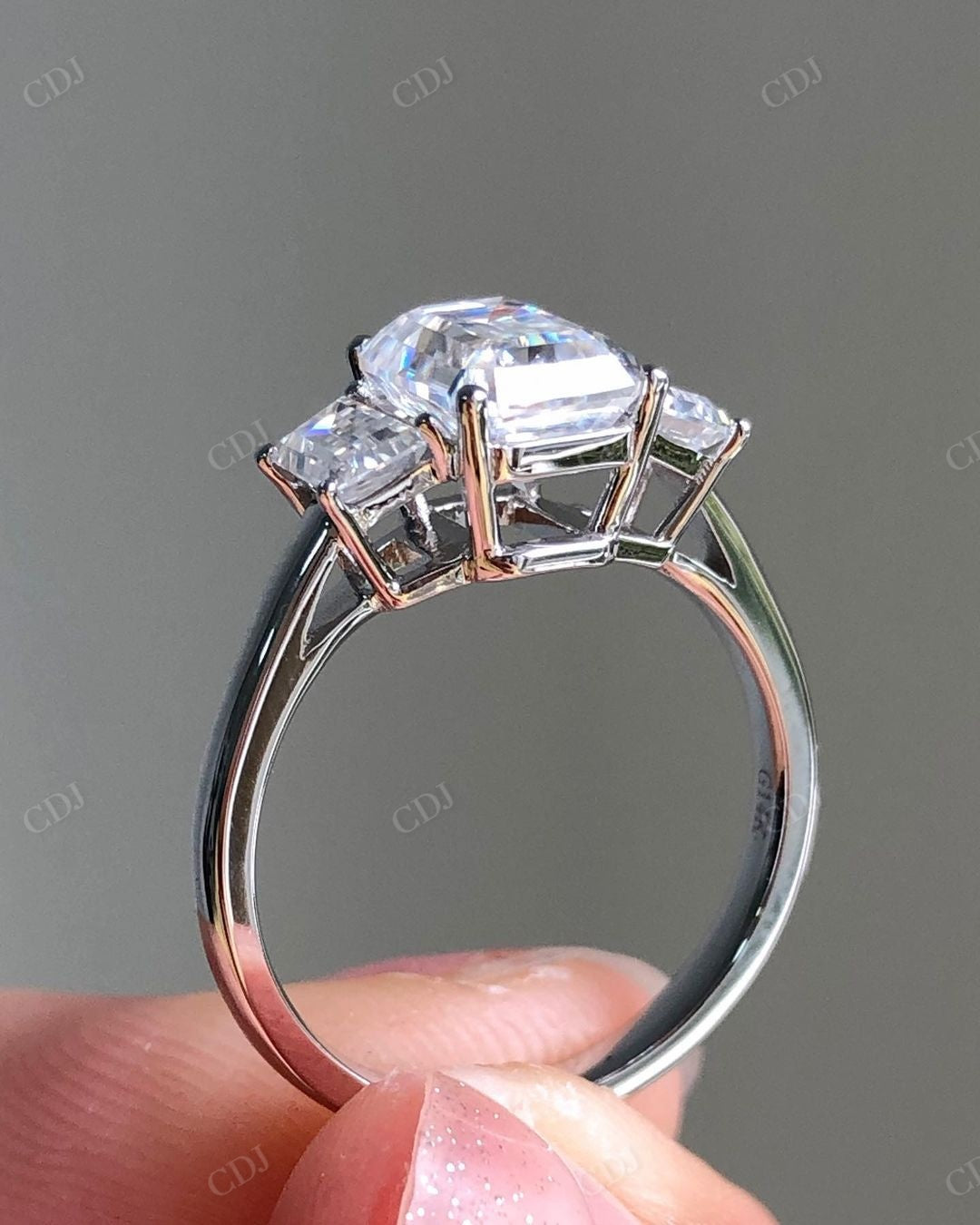 Emerald Cut Lab Grown Diamond Three Stone Ring