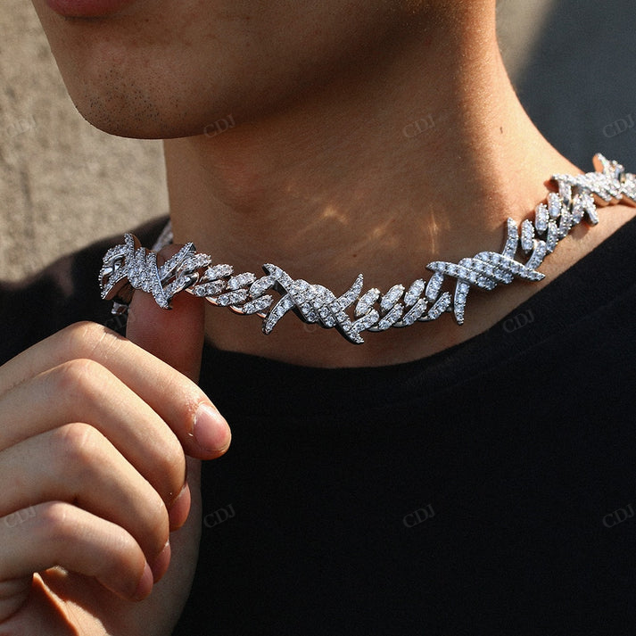 12mm Diamond Barbed Wire Silver Cuban Chain hip hop jewelry CustomDiamJewel