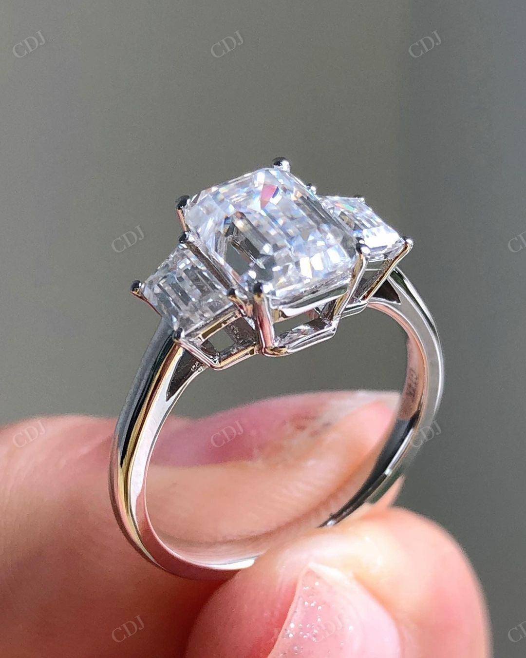 Emerald Cut Lab Grown Diamond Three Stone Ring