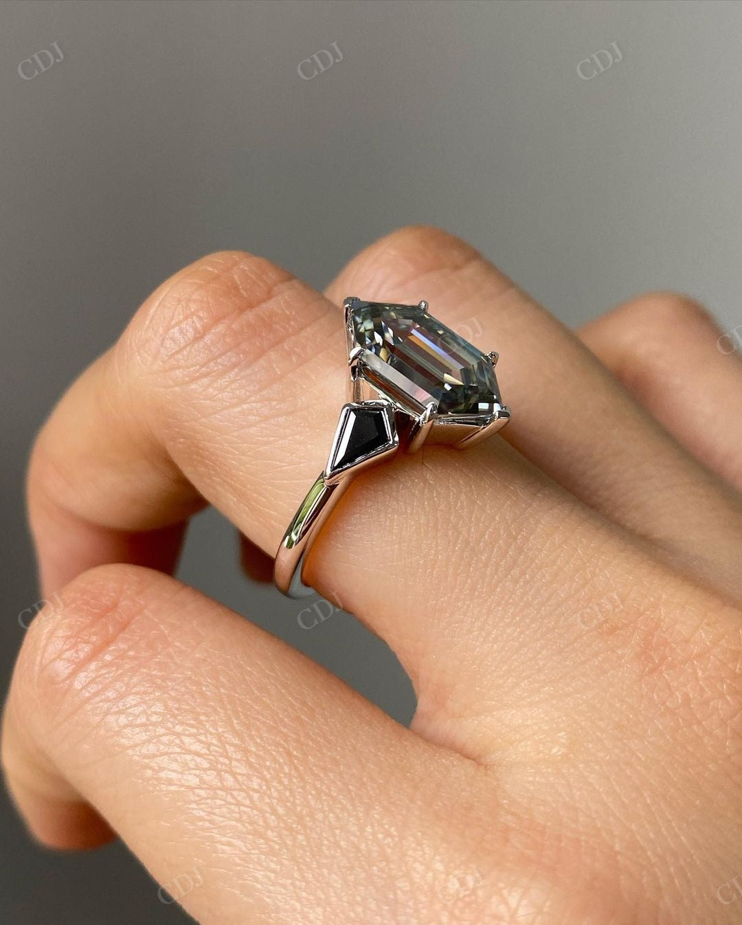 Hexagon Cut Three Stone Moissanite Ring