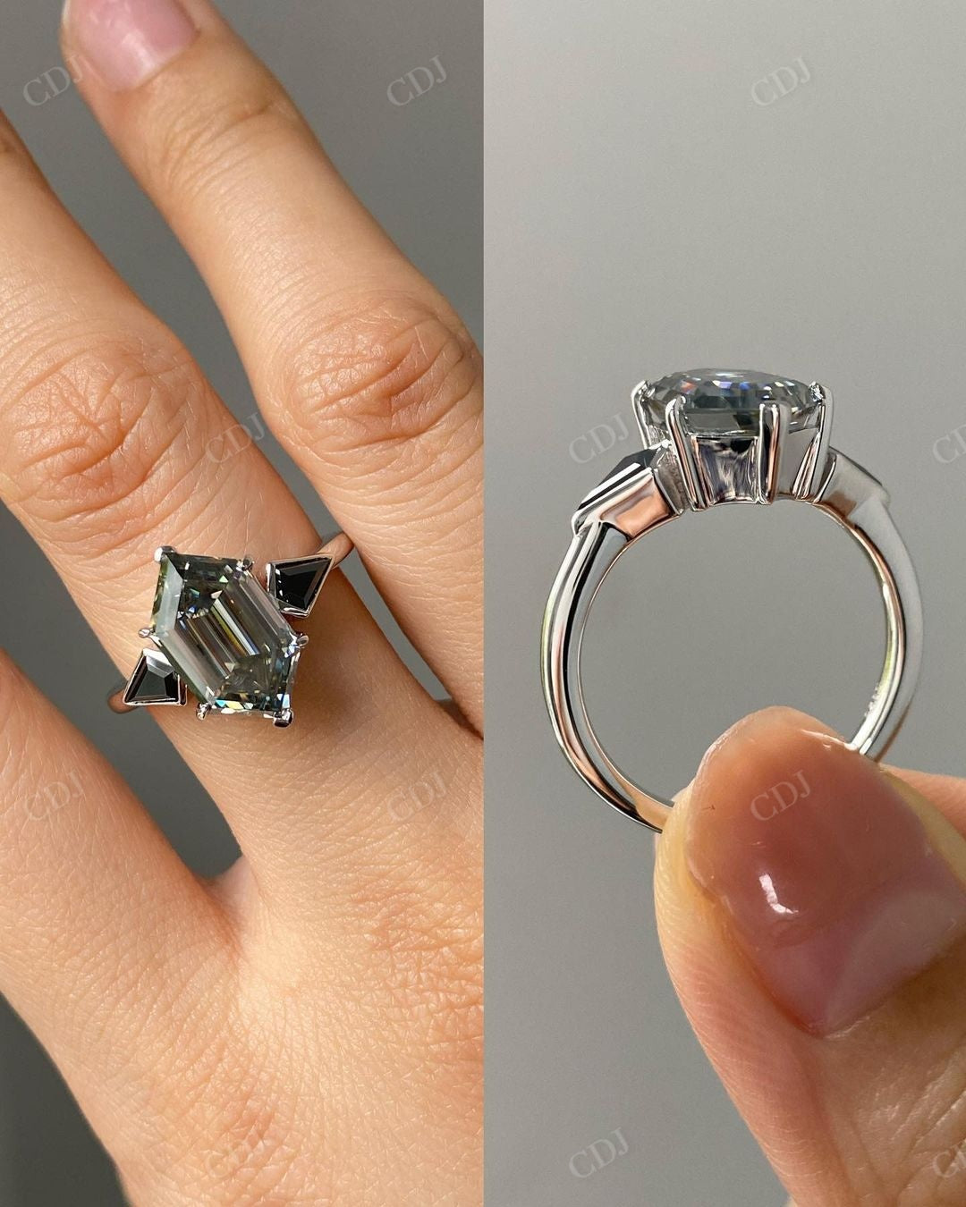 Hexagon Cut Three Stone Moissanite Ring