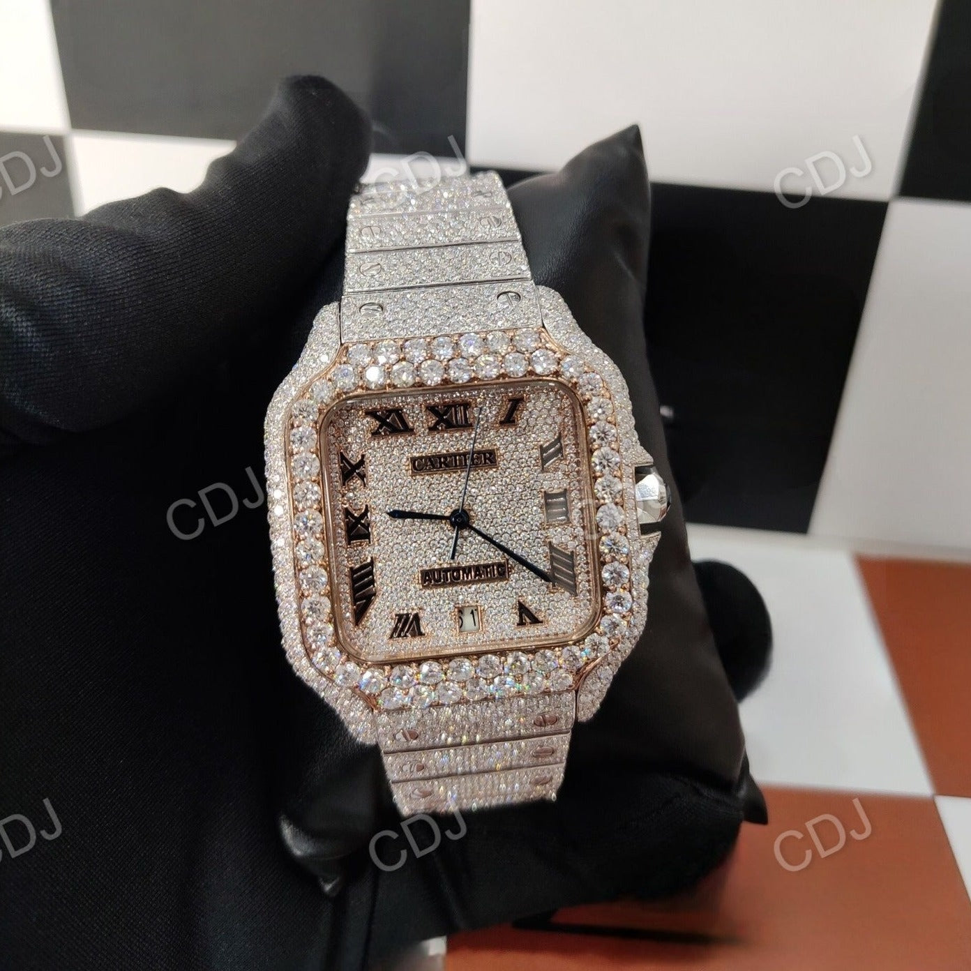 Men's Luxurious Iced Out Timepieces VVS Moissanite Studded Cartier Full Buss Down Watch 25 to 28 Carats (Approx.)