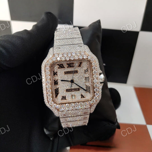 Fully Iced Out Timepieces VVS Moissanite Rose Dial Roman Cartier customdiamjewel