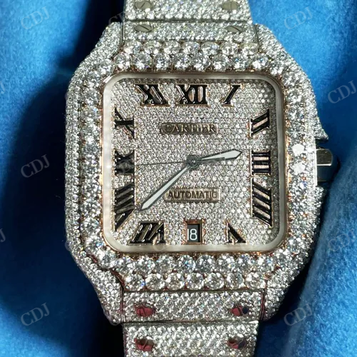 Iced Out Moissanite Full White Cartier Santos White Niddle Watch customdiamjewel