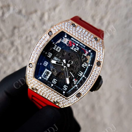 Richard Mille Red Rubber Belt Men's Bust Down Watch customdiamjewel
