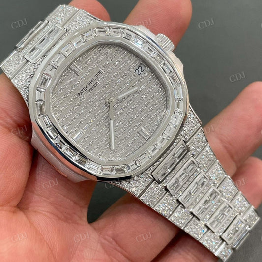 Patek Philippe Stainless Steel Baguette Bezel Moissanite Diamond Wrist Watch customdiamjewel