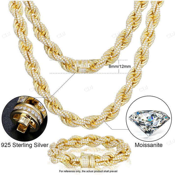 8-12mm S925 Moissanite Braided Rope Chain hip hop jewelry CustomDiamJewel
