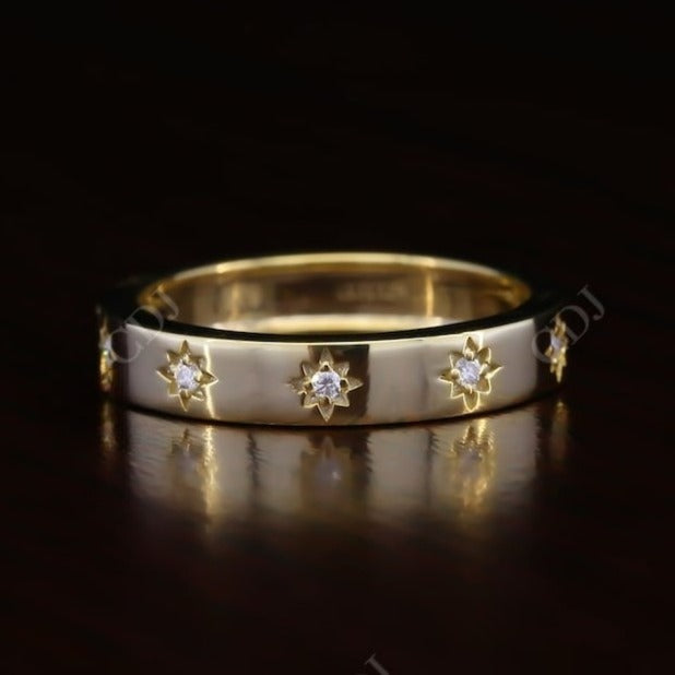 0.05CT Round Cut Natural Diamond Vintage Celestial Wedding Band  customdiamjewel 10 KT Solid Gold Yellow Gold VVS-EF