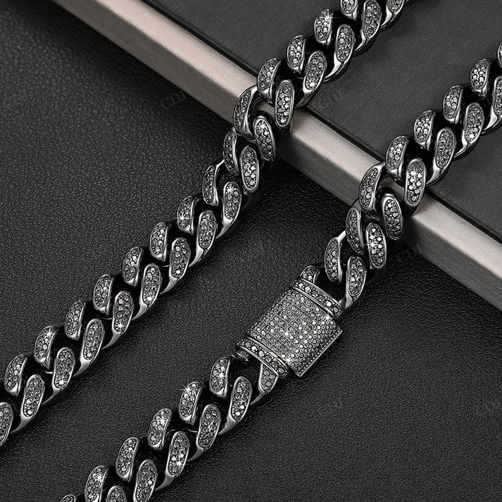 12mm VVS Black Diamond S925 Silver Cuban Link Chain hip hop jewelry CustomDiamJewel