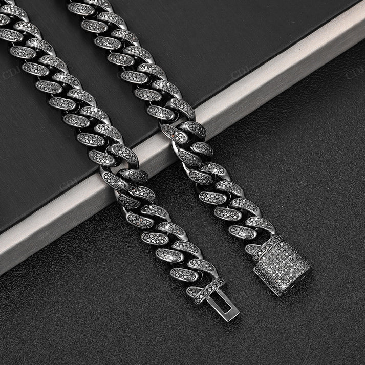 12mm VVS Black Diamond S925 Silver Cuban Link Chain hip hop jewelry CustomDiamJewel