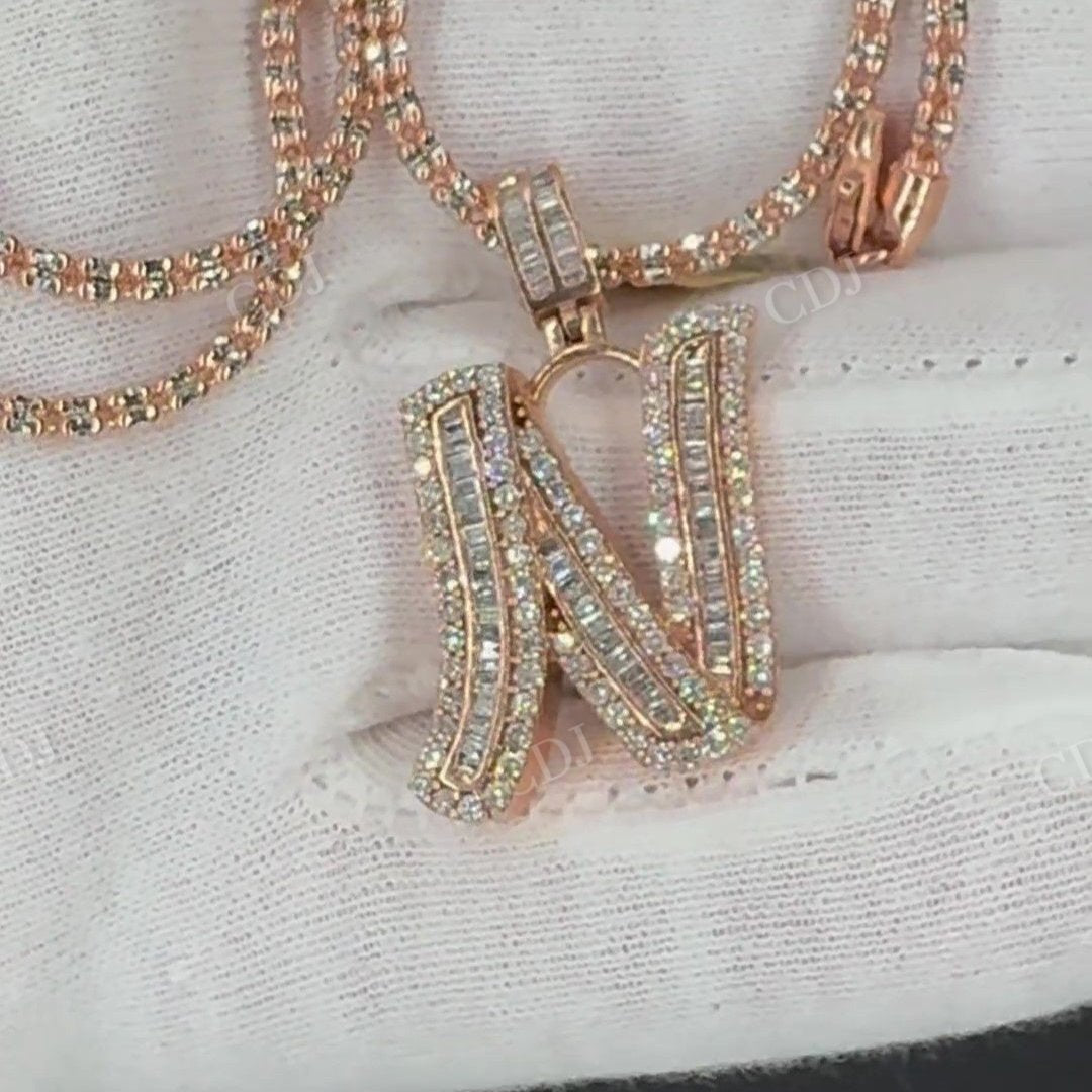 14K Rose Gold Baguette Diamond Alphabet N Pendant hip hop jewelry customdiamjewel   