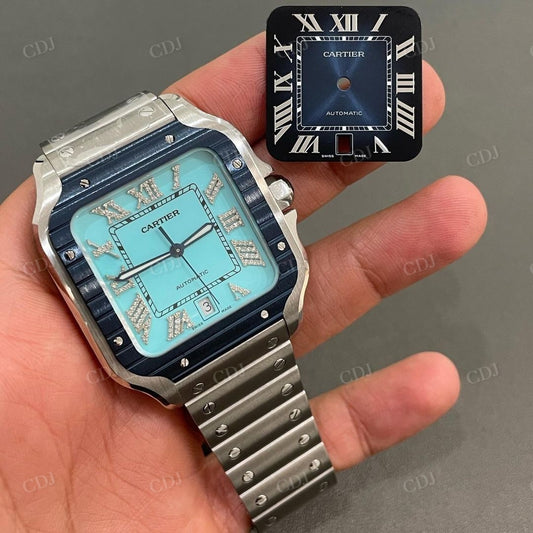 Cartier Diamond Stainless Steel Blue Dial Moissanite Watch customdiamjewel