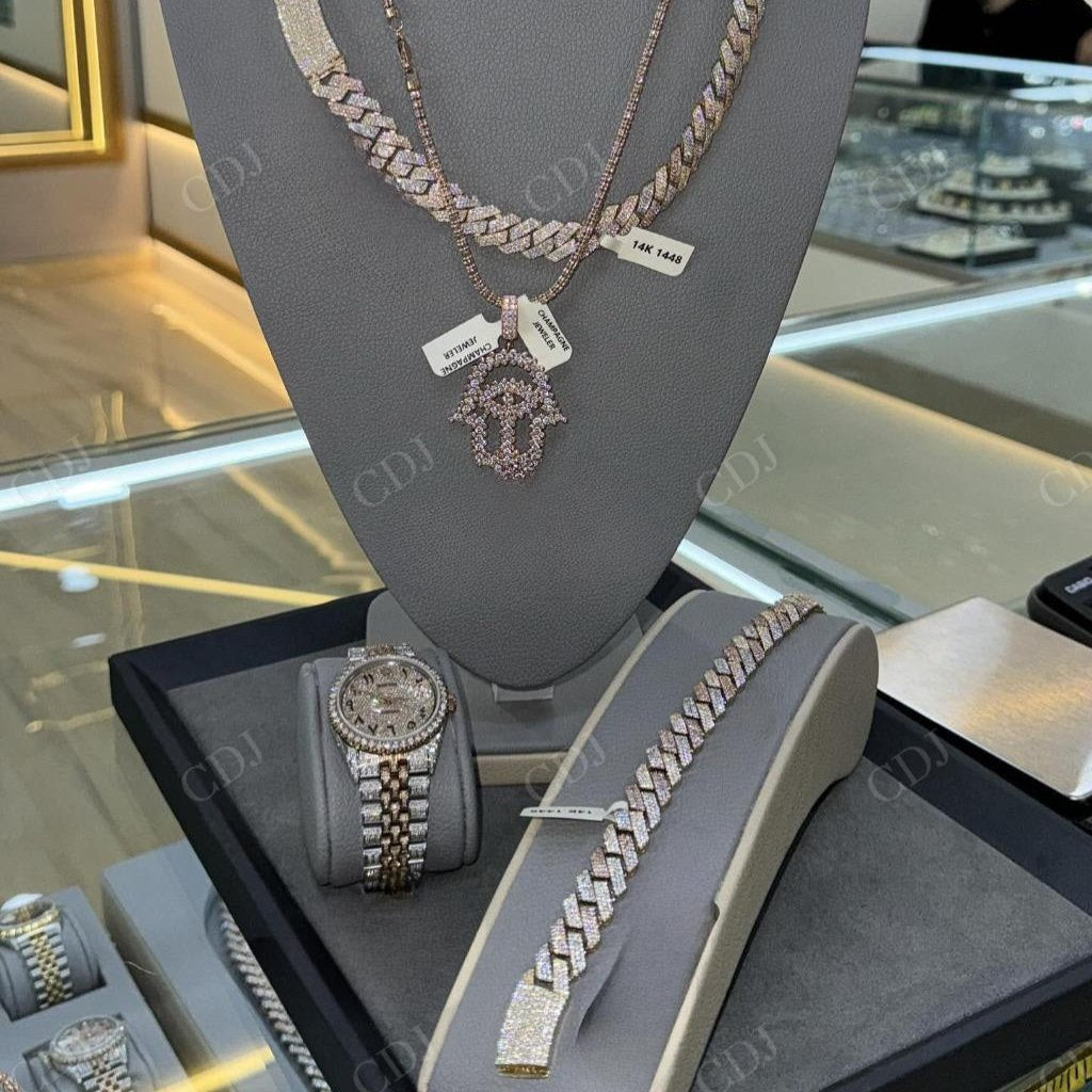 New Arrival Cuban Chain and Watch Moissanite Diamond Set Jewelry hip hop jewelry CustomDiamJewel