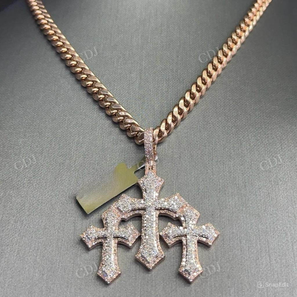 14K Rose Gold Dimaond Three Joint Crosses Pendant hip hop jewelry customdiamjewel   