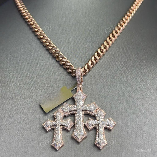 14K Rose Gold Dimaond Three Joint Crosses Pendant hip hop jewelry customdiamjewel   