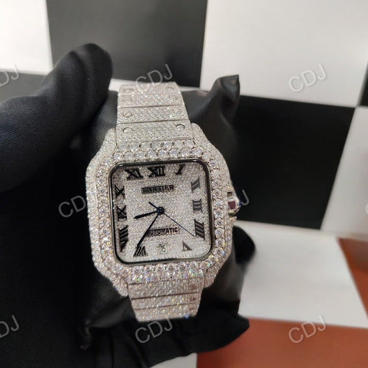 Fully Iced Out Roman Dial Lab Grown Diamond Cartier Watch customdiamjewel
